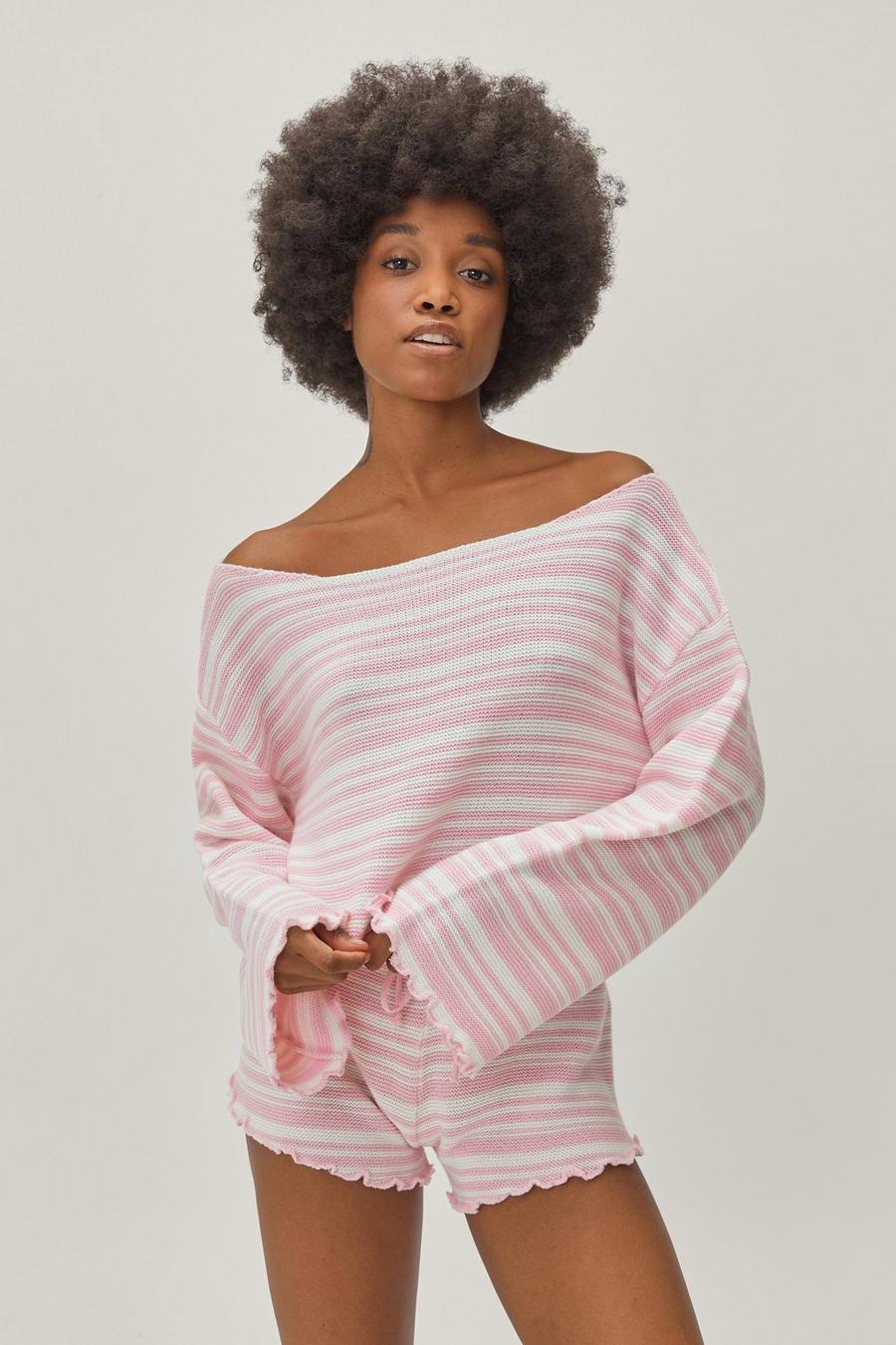 Petite Stripe Off the Shoulder Sweater and Shorts Lounge Set